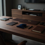 ekskluzywny organizer podróżny baga z granatowego aksmaitu na podszewce na biurku klienta w Warszawie