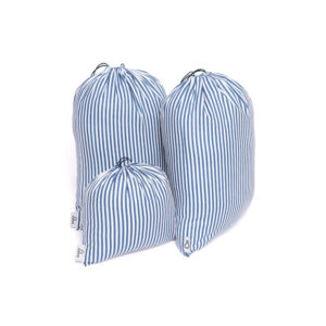 Bawełniany zestaw podróżny 3-częściowy: wzór biało-granatowe paseczki Baga